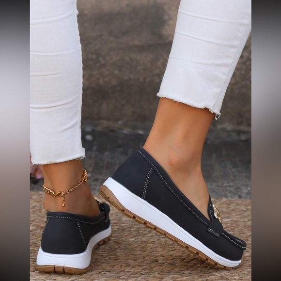 Women's Black Vegan Leather Loafers with Gold Buckle - Picture 4 of 4